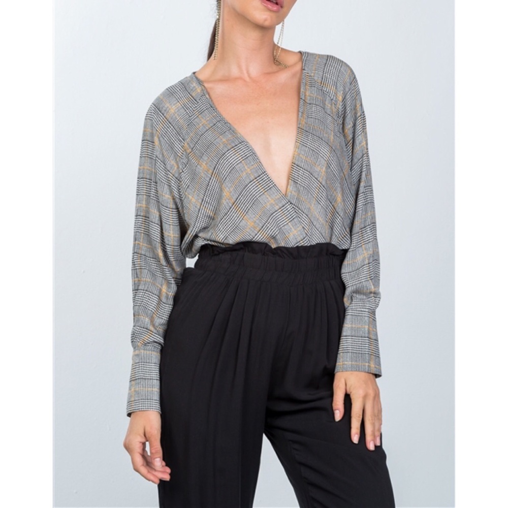 BLACK PLAID DEEP PLUNGING "V" NECKLINE BODYSUIT